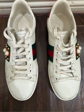 Gucci White Leather Sneakers with Green and Red Web & Pearl Accents